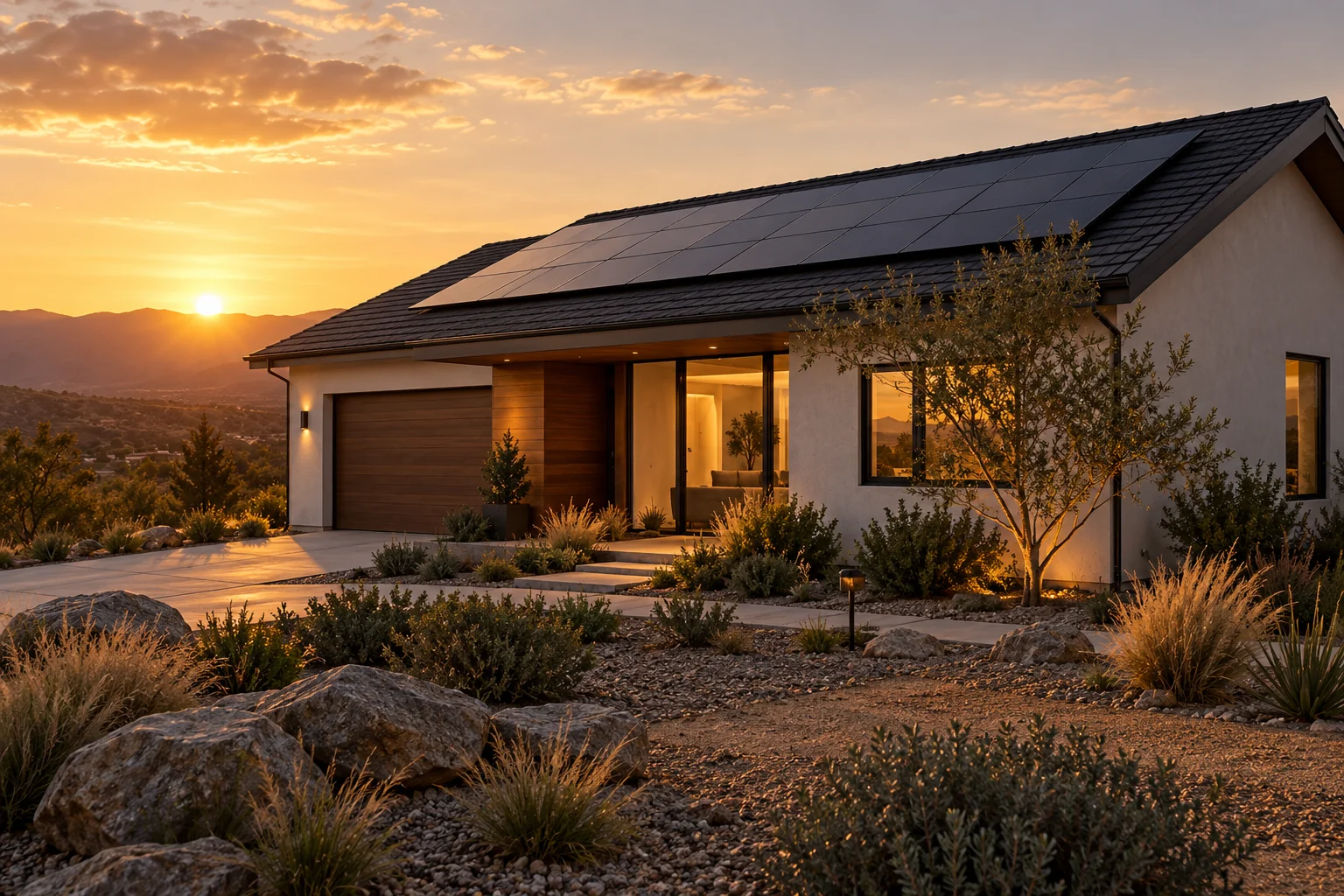 AI-generated concept of a modest solar-equipped home in warm evening light